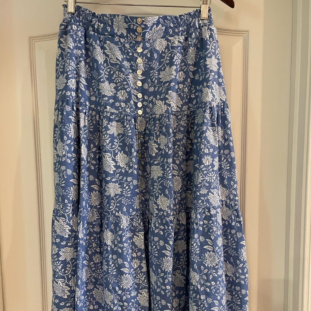 Springfield R(eco)nsider Blue Floral Hobo Tiered Midi Skirt L/XL 26" waist UK si